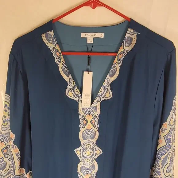 New Chico's seaport blue popover kaftan midi dress Size XXL Boho Lagenlook - Picture 5 of 11